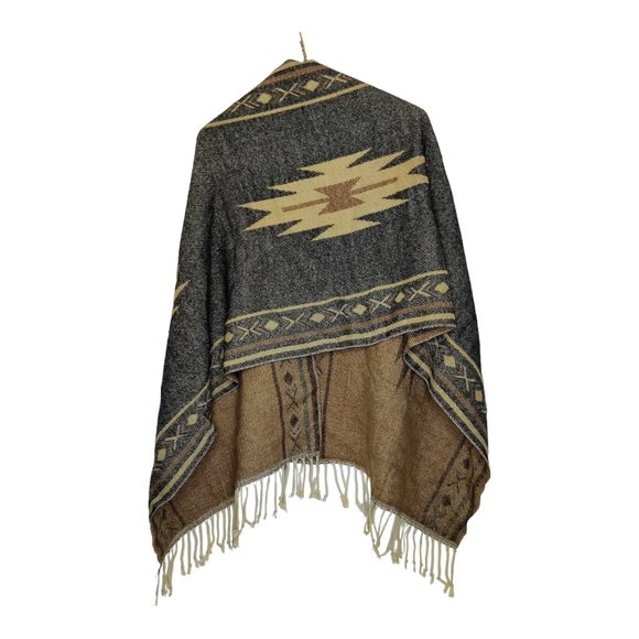 Orsay Western Boho Poncho Geometric Front Clasp With Tassels - Picture 3 of 7
